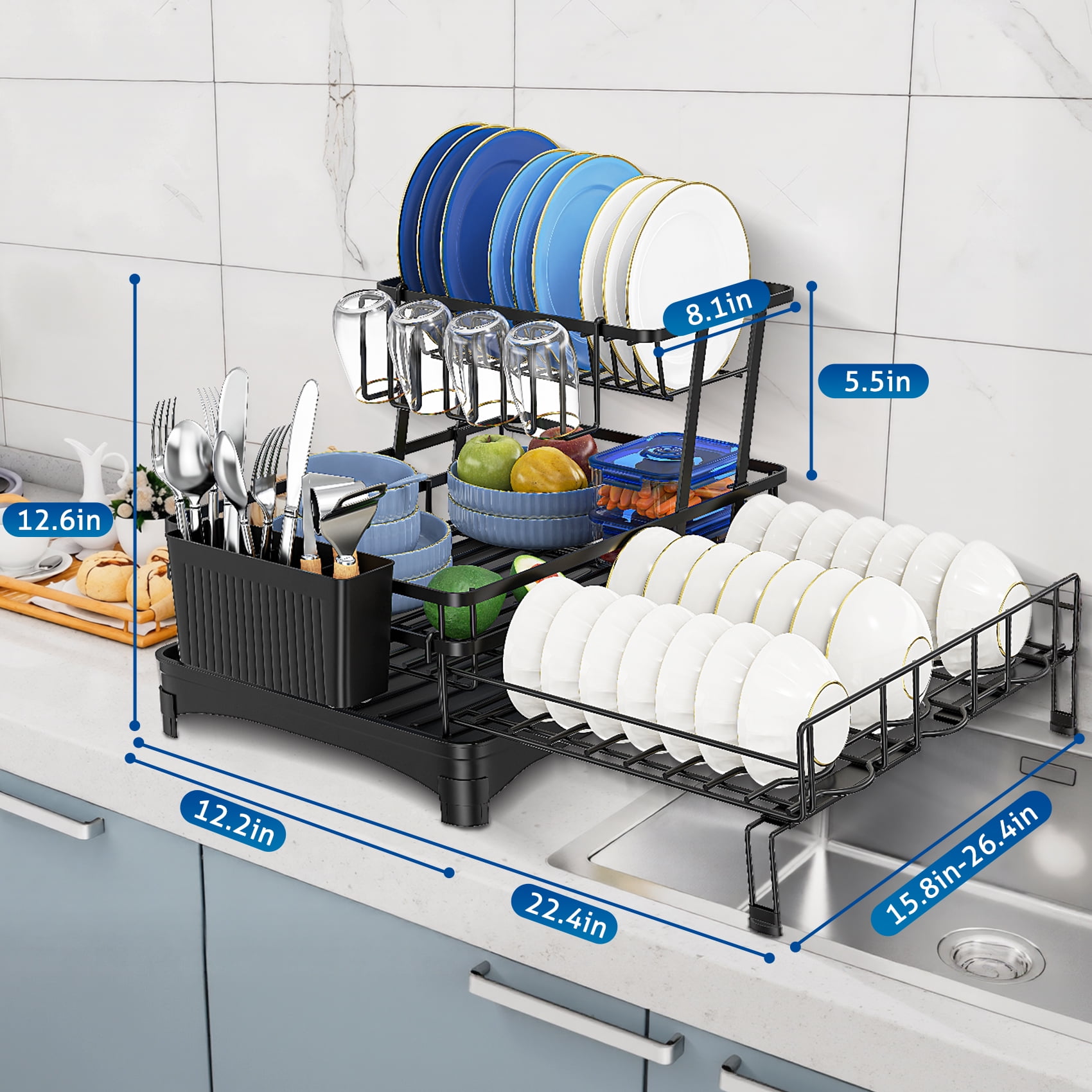 Glovv Dish Racks Kitchen Sink Organizer , 2-Tier Kitchen Organizers and Storage for Kitchen Counter, Over the Sink Dish Drying Rack with Auto Drainage System, Black