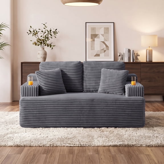Eyisean 66.5'' Boneless Cloud Loveseat Deep Seat Sofa, 2-Seater Corduroy Upholstered Couch with Cup Holder & Side Pocket, Washable Cover, No Assembly Required, Modern Sofa Couches for Small Space