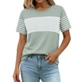 thumbnail image 5 of Women's Color Block Striped T-Shirt, Round Neck Short Sleeve Casual Top Travel Outfit Army Green M, 5 of 6