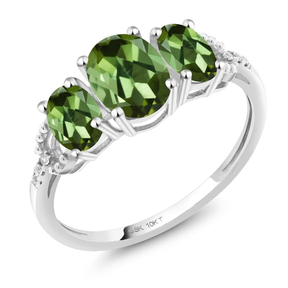 Gem Stone King 10K White Gold Oval Green Tourmaline and Diamond Women Engagement Ring (1.72 Cttw, Gemstone Birthstone, Size 5)