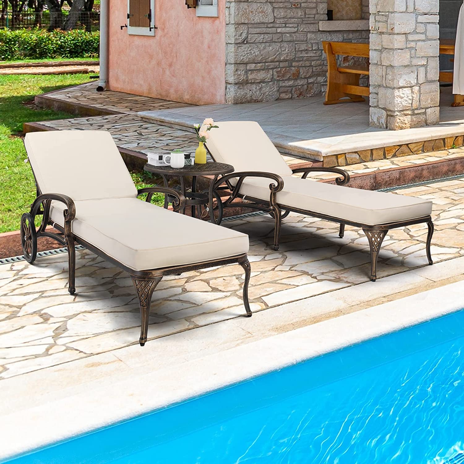 VINGLI Cast Aluminum Outdoor Chaise Lounge Chair with Wheels, Tanning Chair with 3-Position Adjustable Backrest, Patio Chaise Lounge Reclining Chair Poolside Lounge Chair(Bronze, with Cushion) - image 5 of 7
