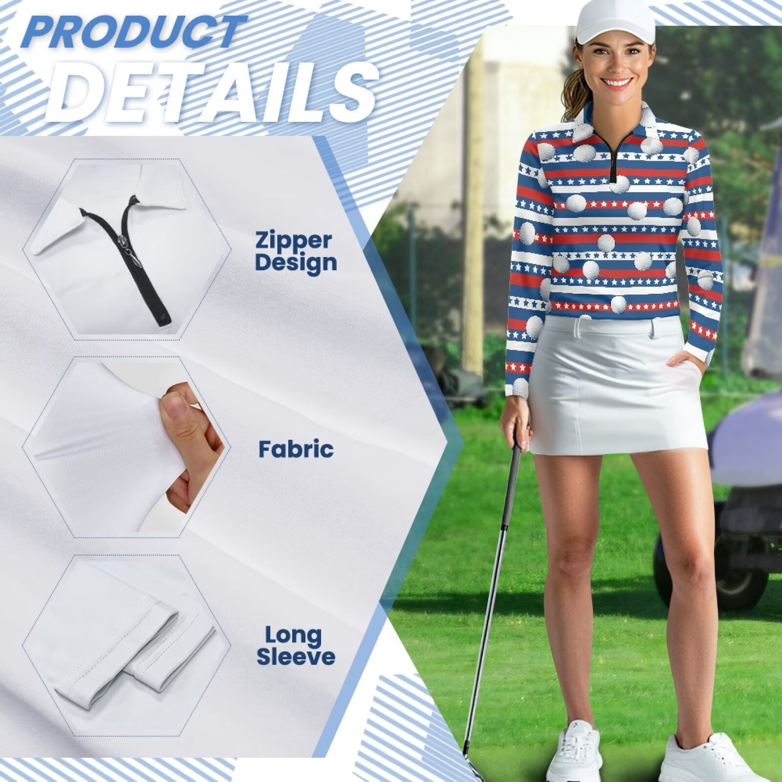 Garronmavis Women's Long Sleeve Golf Shirt Collared Tennis Shirts Casual Shirts Athletic Casual Work Shirt Tops, Patriotic Golf Ball, Size M
