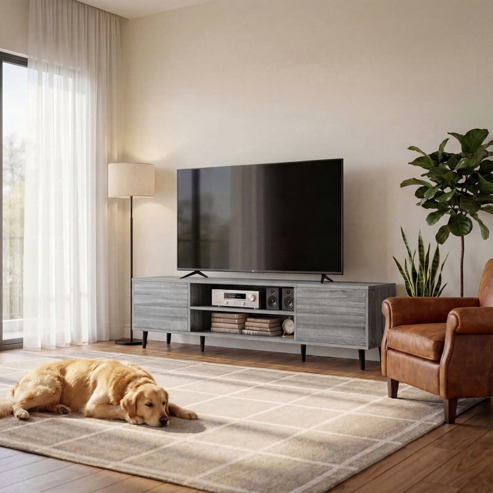 Homall 63'' Mid-Century Modern TV Stand for TVs up to 70 Inches, Wood Entertainment Center with Storage Cabinets & Open Shelves, TV Console Table for Living Room, Gray