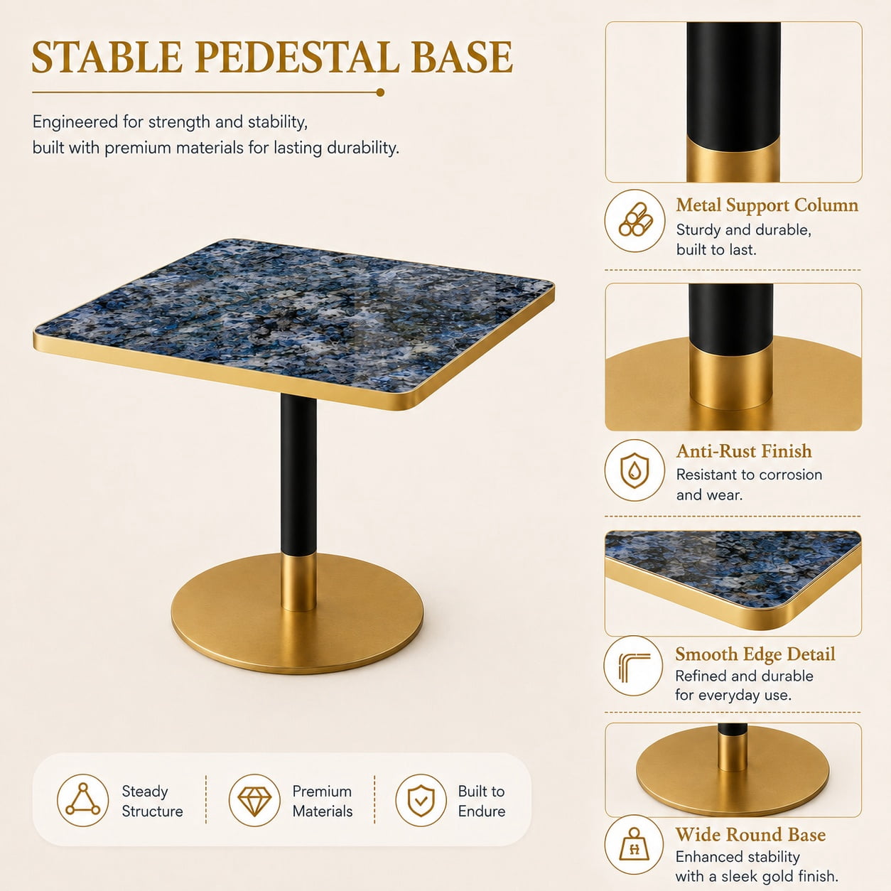 Aukfa 31.5" Square Dining Table for 2-4, Marble-Look Sintered Stone Top, Gold Pedestal Base, Small Spaces,Sapphire Blue