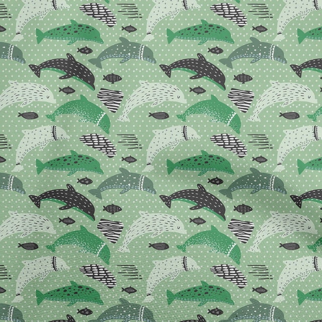 oneOone Polyester Spandex Light Green Fabric Beach Dolphin With Dot Texture Craft Projects Decor Fabric Printed By The Yard 56 Inch Wide