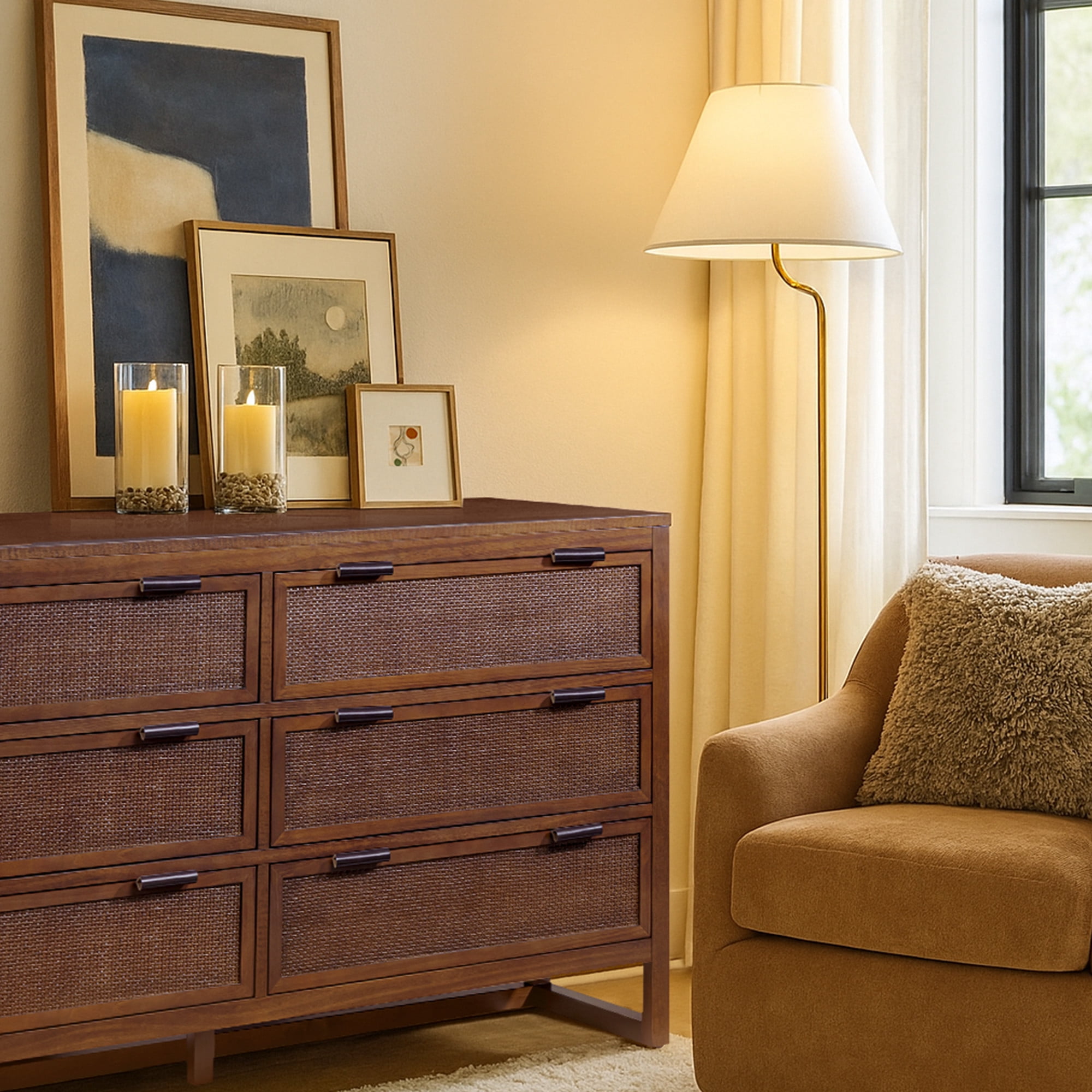 Teamson Home Hatteras Modern 6-Drawer Dresser with Natural Rattan Inset Panels, Solid Pine Wood Frame and Acacia Veneer