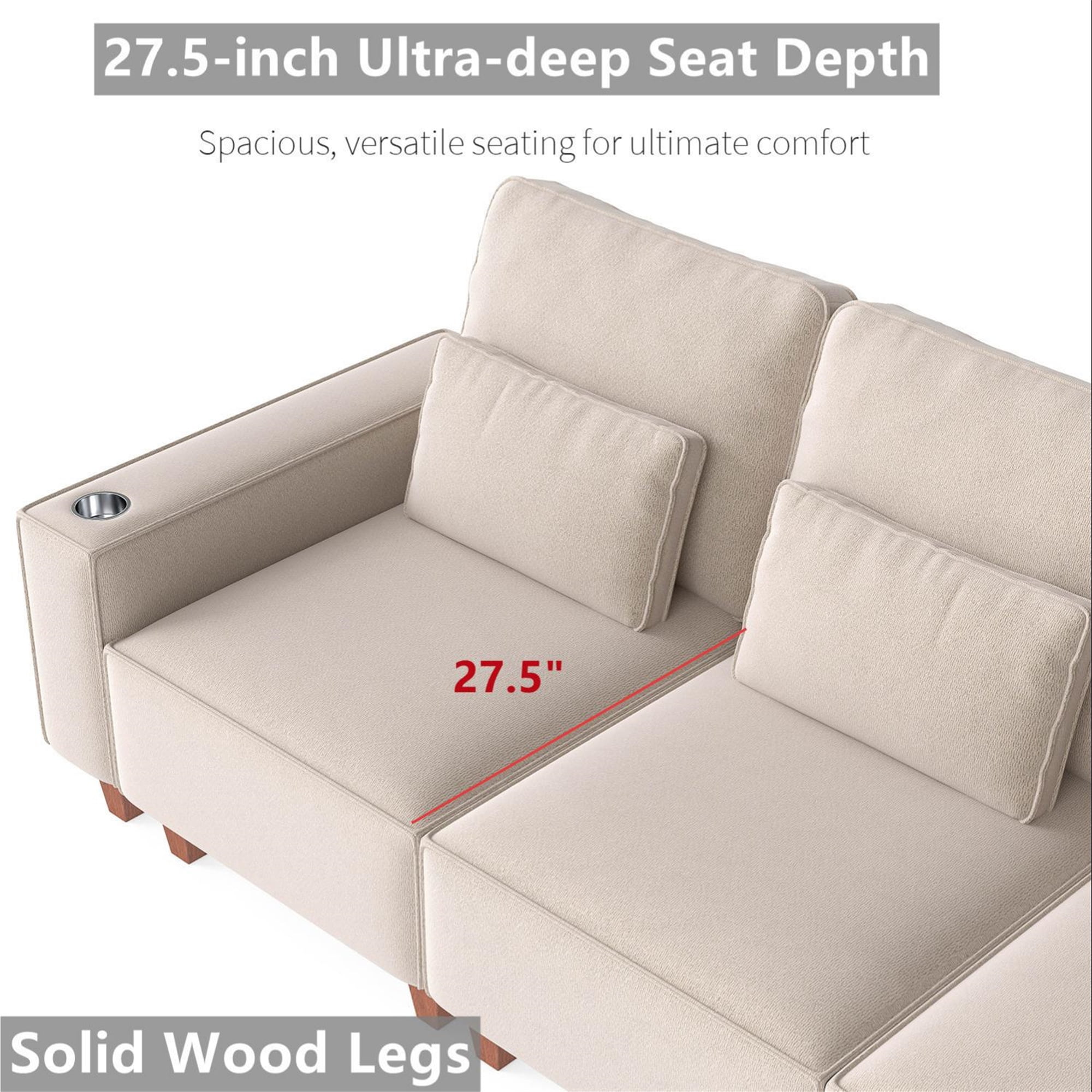 Aukfa 3 Piece Sofa Set - 99" Oversized 3 Seat Couch with Cup Holders&Pillows, Chenille, Beige