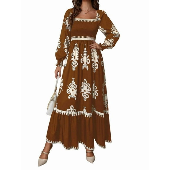 Women'S Autumn Wedding Guest Dress Bohemian Floral Long Sleeve V-Neck Flowing Elegant Maxi Dress Beachwear Brown M