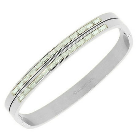 - Stainless Steel Silver-Tone White Baguette CZ Bangle Bracelet