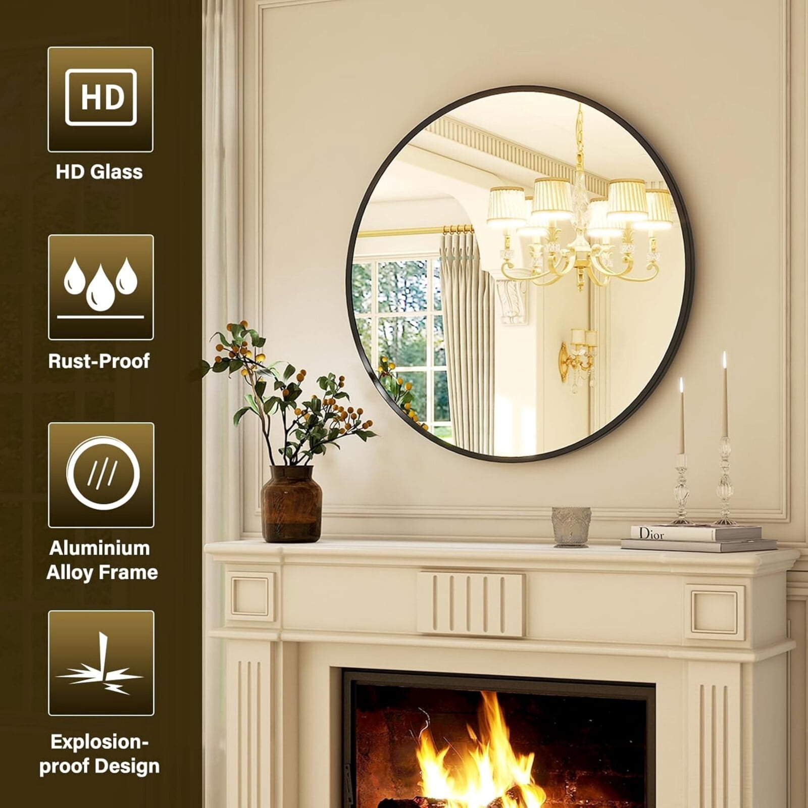 AUROMIR 24" Round Bathroom Mirror Wall Mounted Modern Vanity Mirror, Black