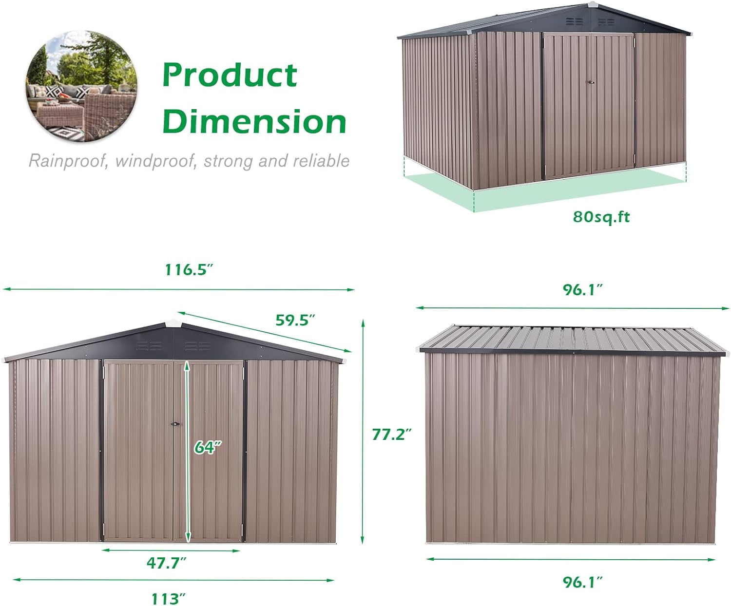 YODOLLA 10' x 8' Outdoor Metal Storage Shed in Brown Patio Storage Building with Lockable Door for Garden, Backyard