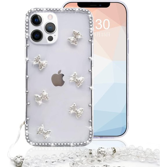 Compatible with iPhone 13 Pro Max Clear Case for Women, Glitter Rhinestone Bow Knot Girly Case with Shiny Crystal Lanyard Side Bling Diamond Shock Case Soft TPU Clear Slim Protective Case
