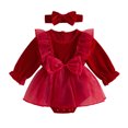 thumbnail image 2 of Cjfdfy Newborn Baby Girl Christmas Fall Outfit Velvet Long Sleeve Ruffle Sheer Tulle Romper Dress And Bow Headband Infant Cute My First Christmas Fall Winter Outfit 0-18M, 2 of 10