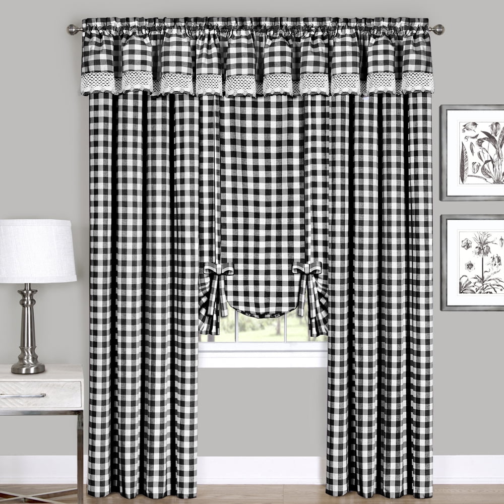 Woven Trends Farmhouse Curtains Kitchen Décor, Buffalo Plaid Shades, Classic Country Plaid Gingham Checkered Design, Farmhouse Décor, Window Curtain Treatments (Black, Tie-Up Shade)