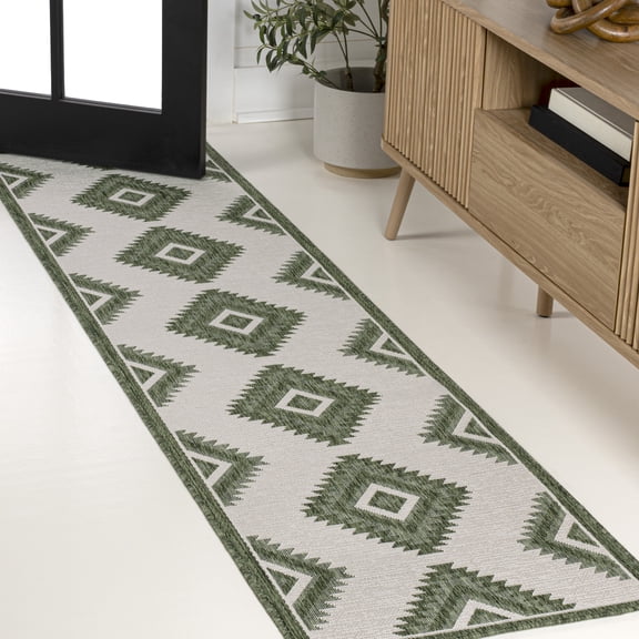 Open Box JONATHAN Y TUSCAN SUN 2 x 8 Runner Rug, Lior Geometric Moroccan Diamond - Green/Cream, TSN202D-28