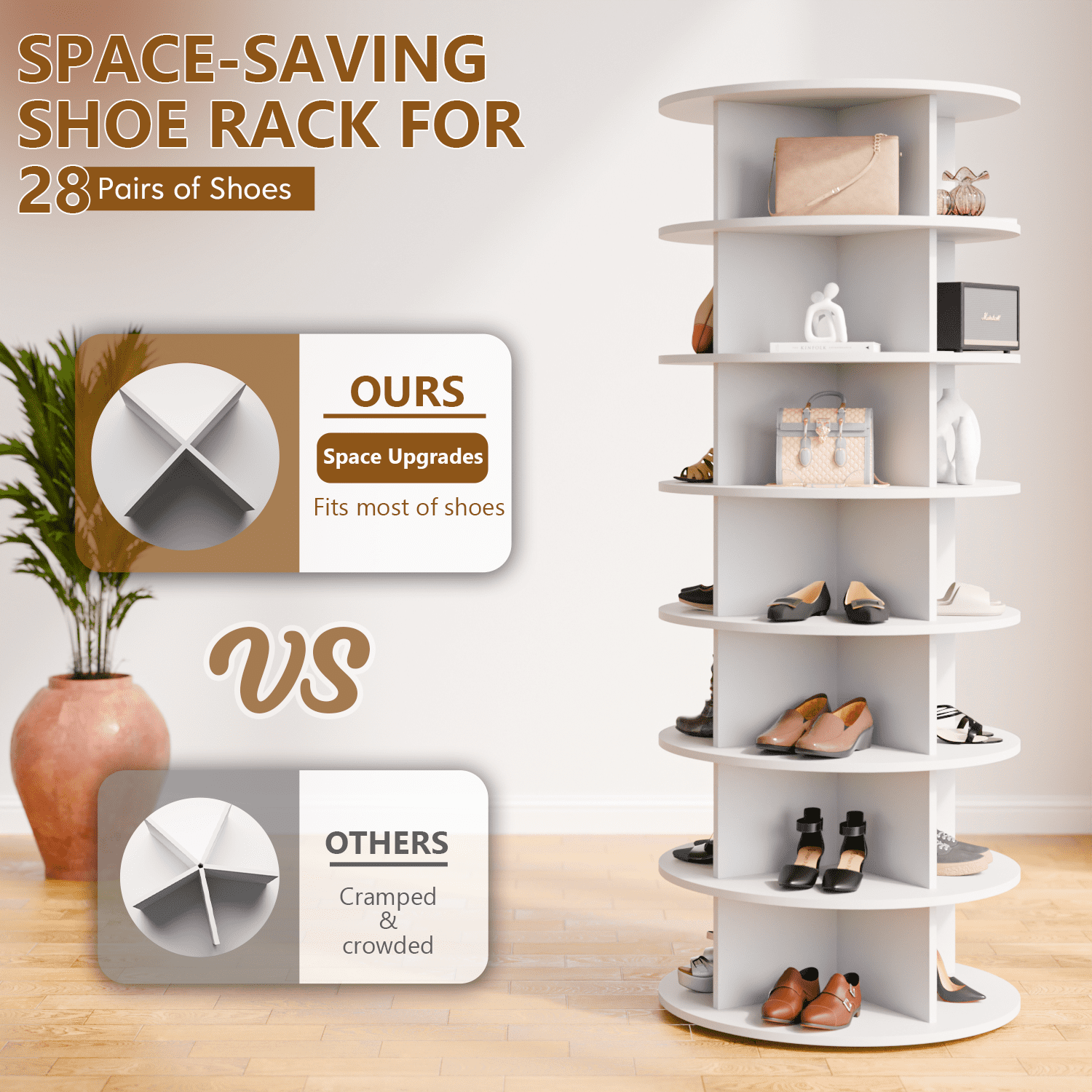 Waleaf 7 Tier Rotating Shoe Rack Tower for Living room,&Entryway, 360° Spinning Shoe Display Lazy Susan, White