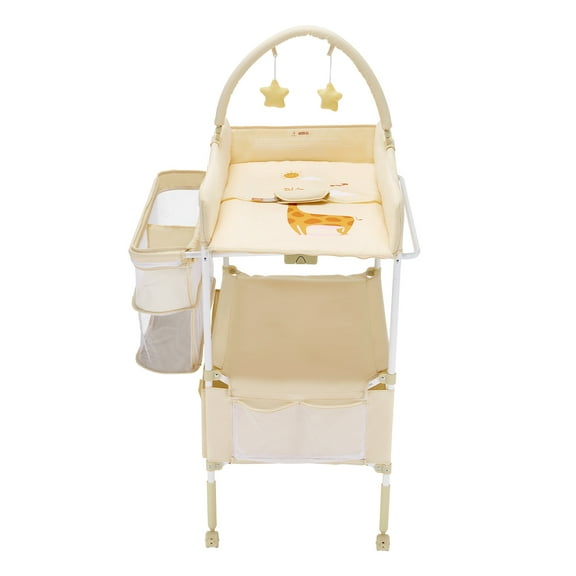 KFFKFF Foldable Baby Changing Table with Adjustable Height, Storage Drawers, Side Organizer, Hanging Rod, Lockable Wheels, and Star Toys, Light Beige