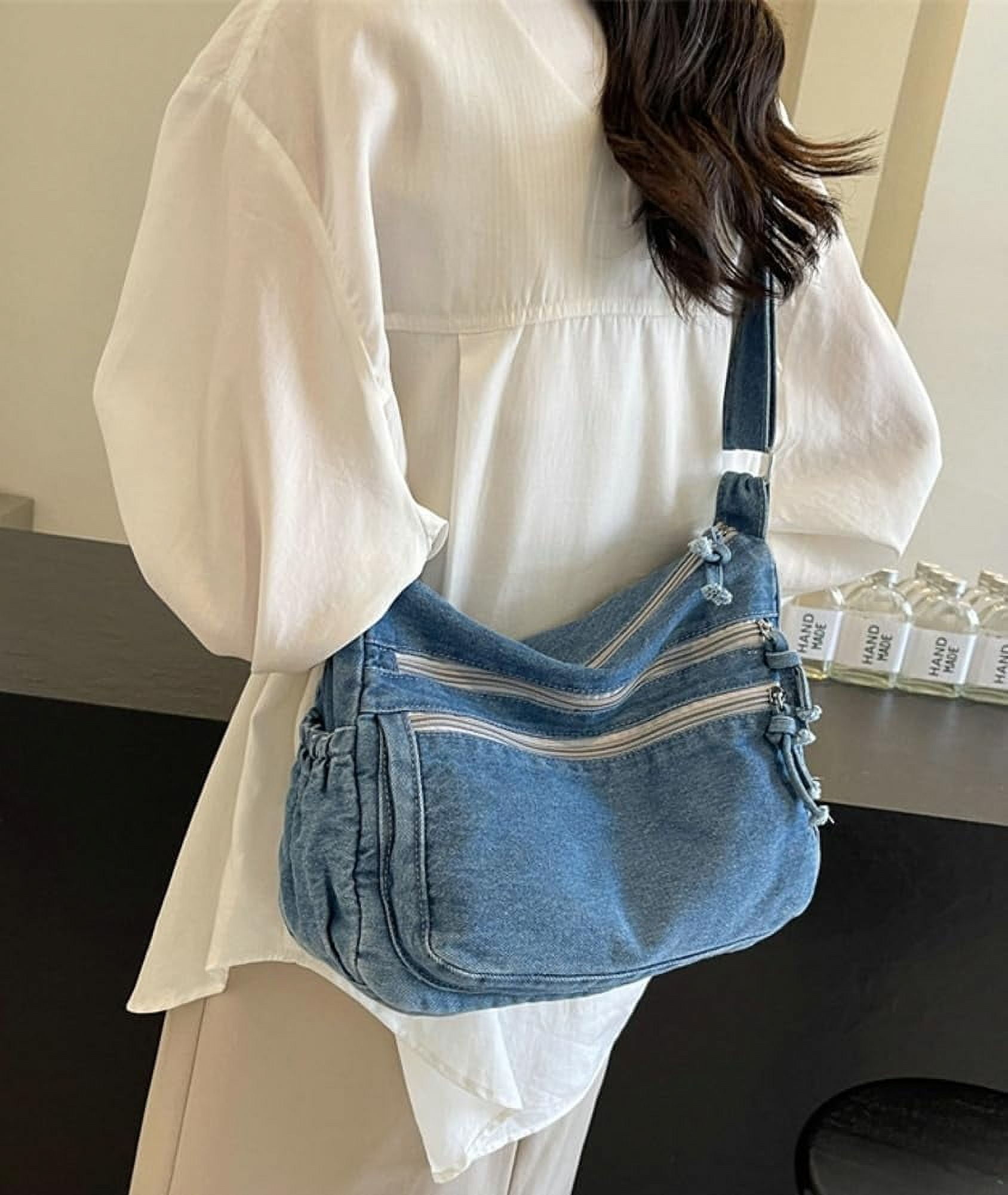 Women's Retro Large Canvas Denim Shoulder Bag Denim Crossbody Handbags Casual Style Lightweight Tote Purse