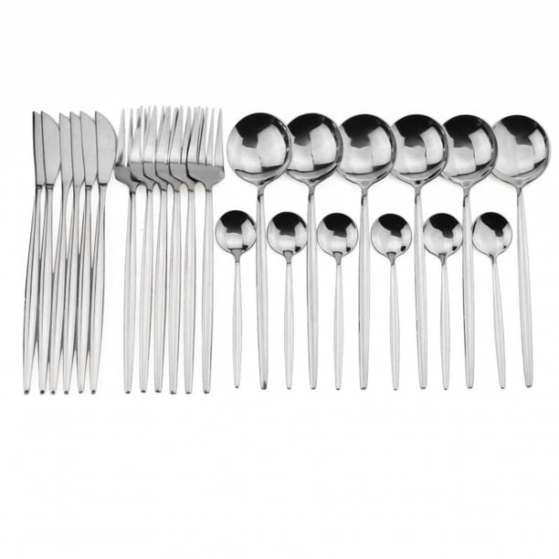XmhyTop Juego de cubiertos de 24 piezas: juego de cubiertos reutilizables de acero inoxidable, tenedores, cucharas y cuchillos, cubiertos pulidos con efecto espejo (juego de 6, plateado)