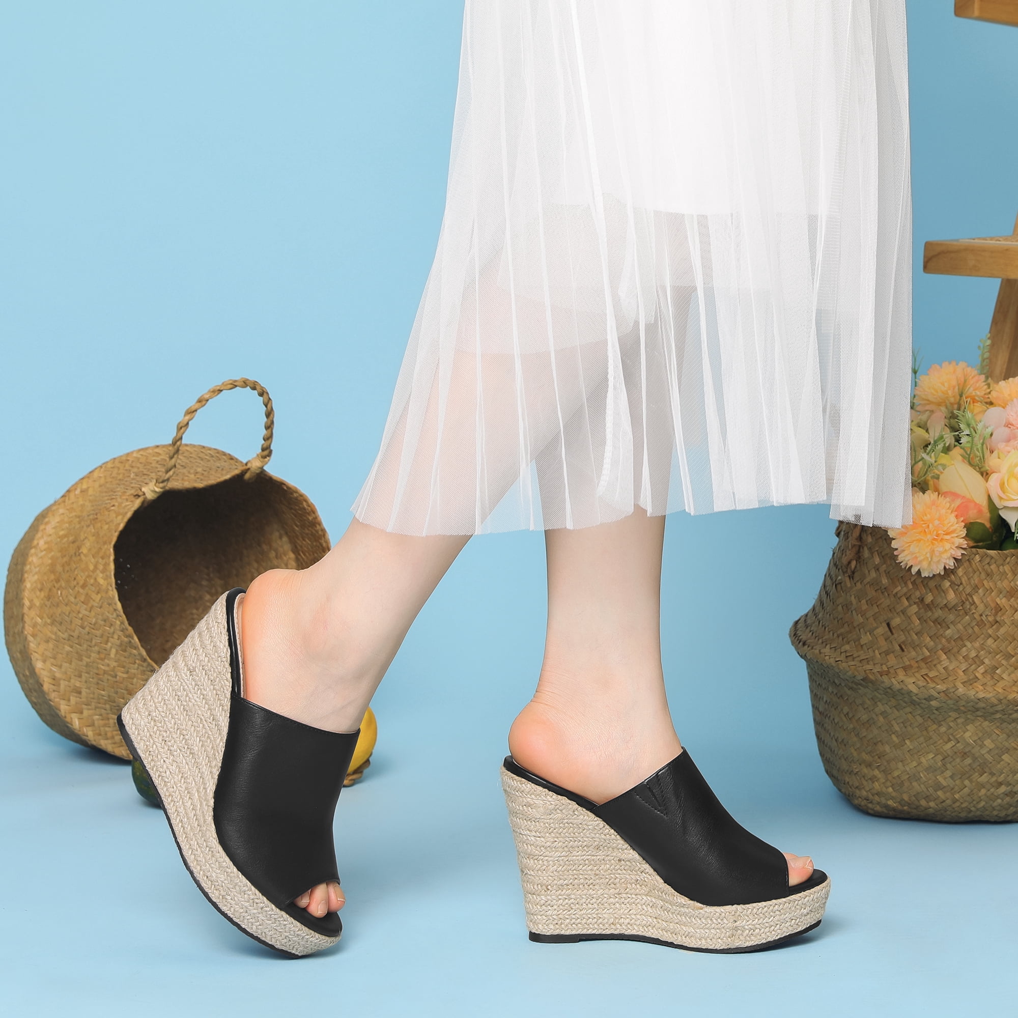 DARING DIVA Women's Open Toe Espadrille Wedge Heel Platform Slide Sandal Black 7.5