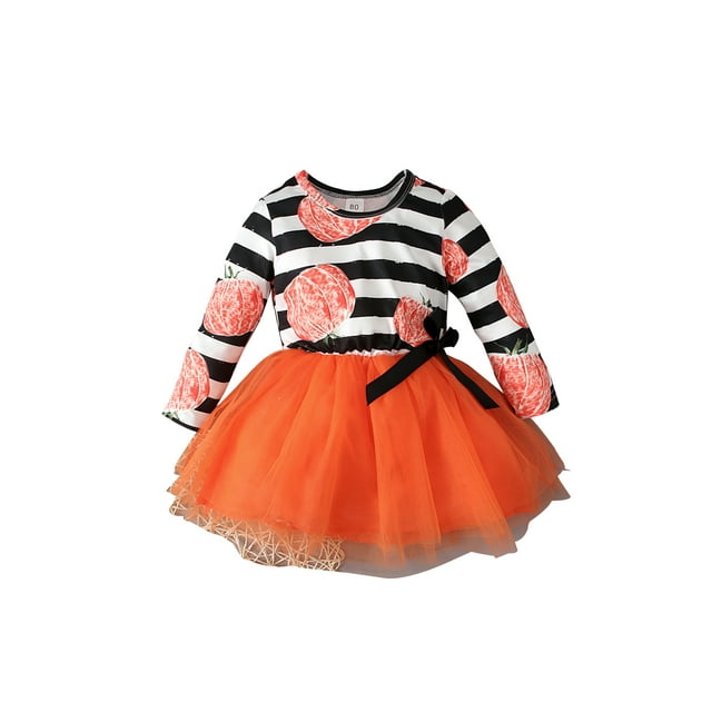 Faithtur Halloween Little Girls Dress Printing Long Sleeve Splicing Mesh Skirt