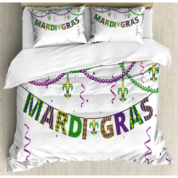 Ambesonne Mardi Gras Duvet Cover Set, Fleur De Lis Beads, Calking, Purple Green Yellow