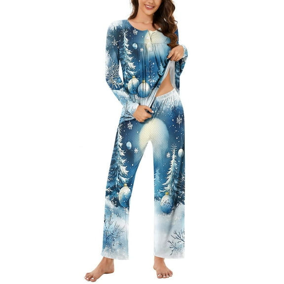 asdoklhq Button Down Pajamas Women Women Christmas Fashionable and Casual Loose Printed Round Neck Button Up Long Sleeved Pants Pajama Set Multicolor 3X