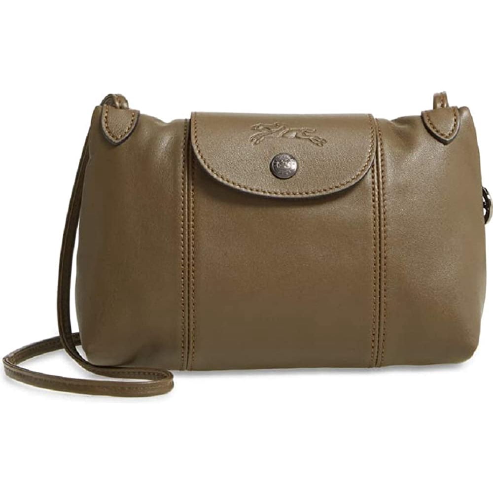 LongChamp Women's Leather Le Pliage Cuir Crossbody Bag Lichen Khaki
