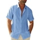 thumbnail image 2 of Camisa de playa de manga corta para hombre, informal, de moda, color liso, cuello vuelto, encaje con botones, parte superior azul XL, 2 of 4