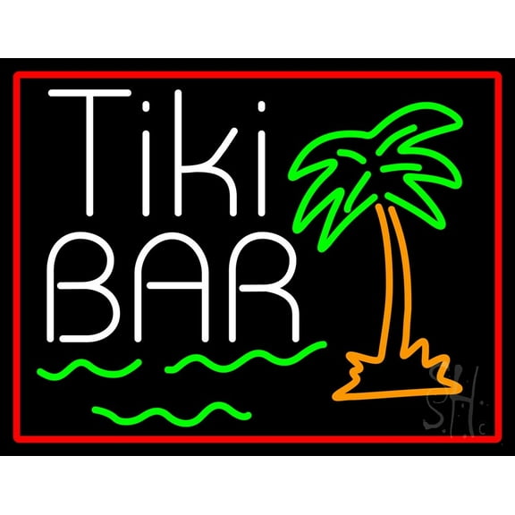 Green Tiki Bar With Palm Tree LED Neon Sign 24 x 31 - inches, Clear Edge Cut Acrylic Backing, with Dimmer - Bright and Premium built indoor LED Neon Sign for Bar decor.