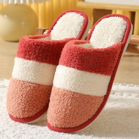 

CoCopeaunt New Winter Couple Slippers with Striped Cotton Slippers Plush Home Comfort Men and Women Cotton Slippers Warm Slippers