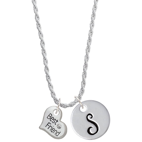 Delight Jewelry Silvertone Small ''Best Friend'' Heart Silvertone Script Initial Disc - S - Charm Necklace, 20"+3"