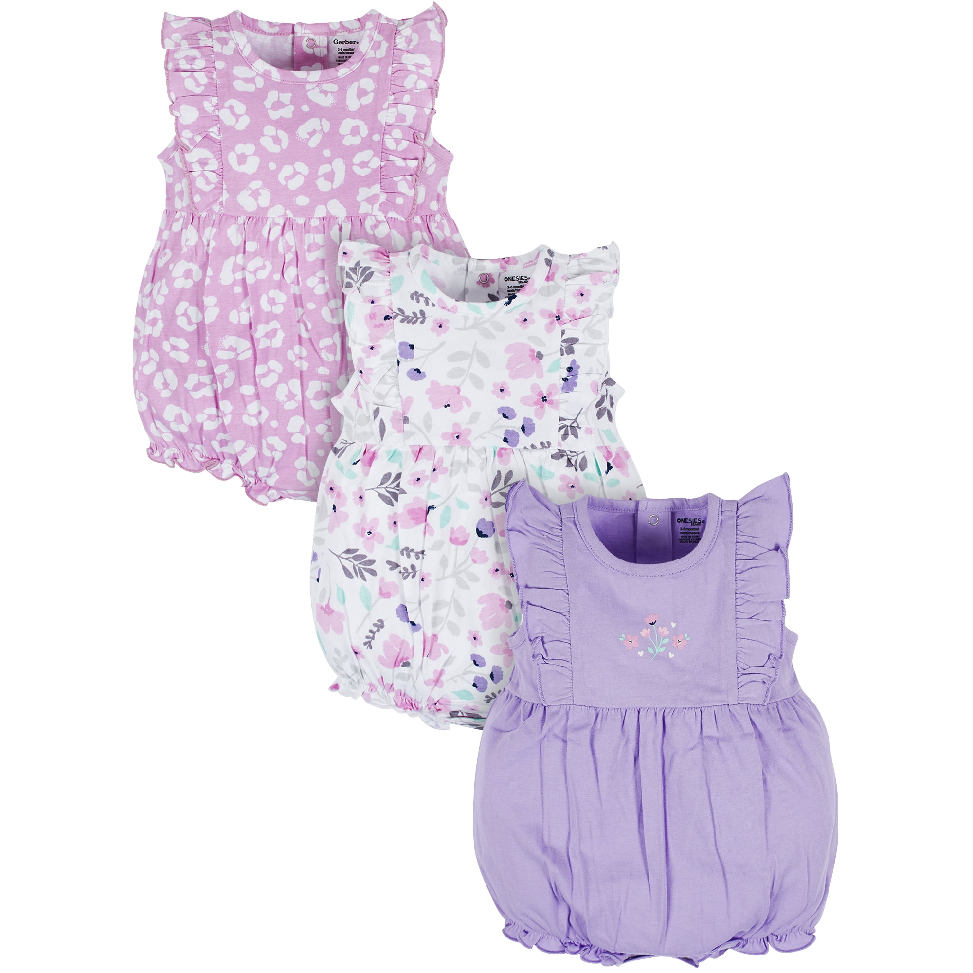 Onesies Brand Baby Girl Ruffle Sleeve Rompers, 3-Pack, Sizes, 0/3 Months - 24 Months