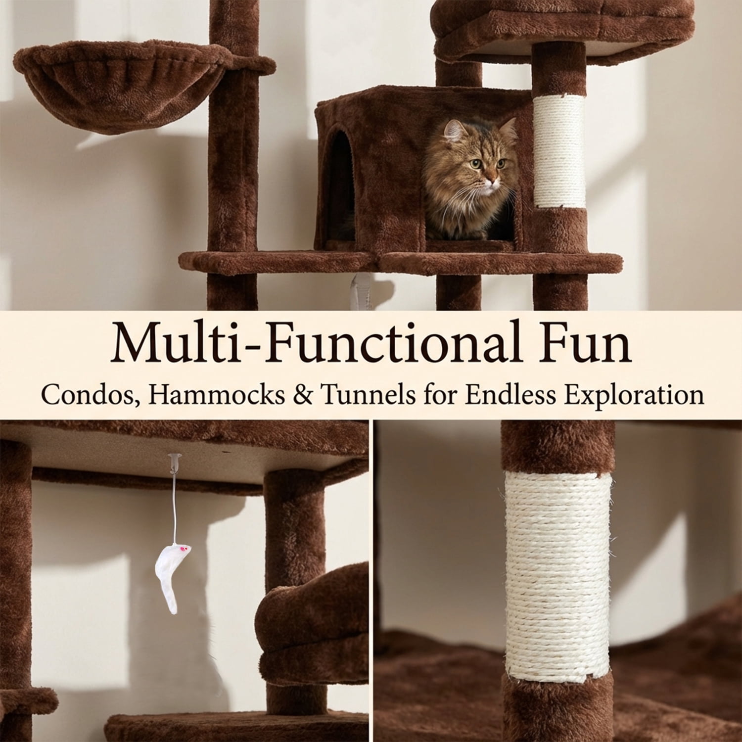 ZephyPaws 68" Cute Cat Tree for Indoor Large Adult Cats,Tall Cat Tower with Scratching Post & Condo,Hammock,Space Capsule,Brown