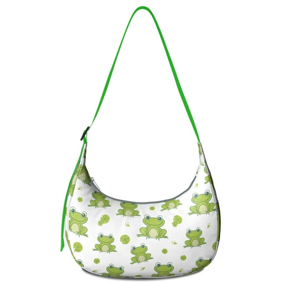 Green Frog Cartoon Crescent Crossbody Bag for Mens Women, Cute Mushroom Flower Plant Pattern Shoulder Bag, Nature Forest Design for Outdoor and Daily Use