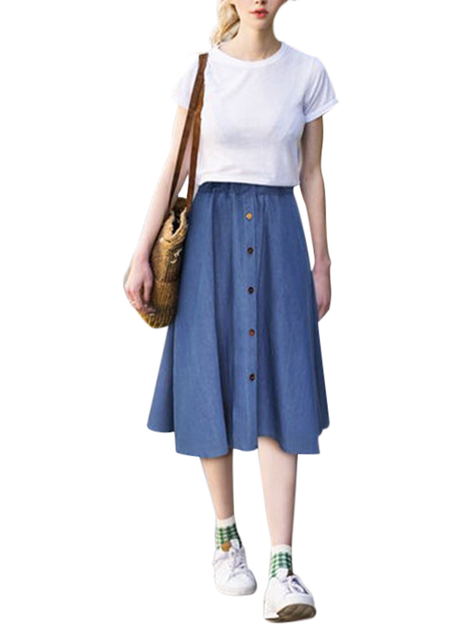 knee length button down denim skirt