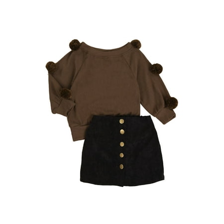 

Gureui Toddler Kids Baby Girls Clothes Sets Autumn Long Sleeve Hairball Knitted Sweater Tops+Button Skirts Warm Outfits