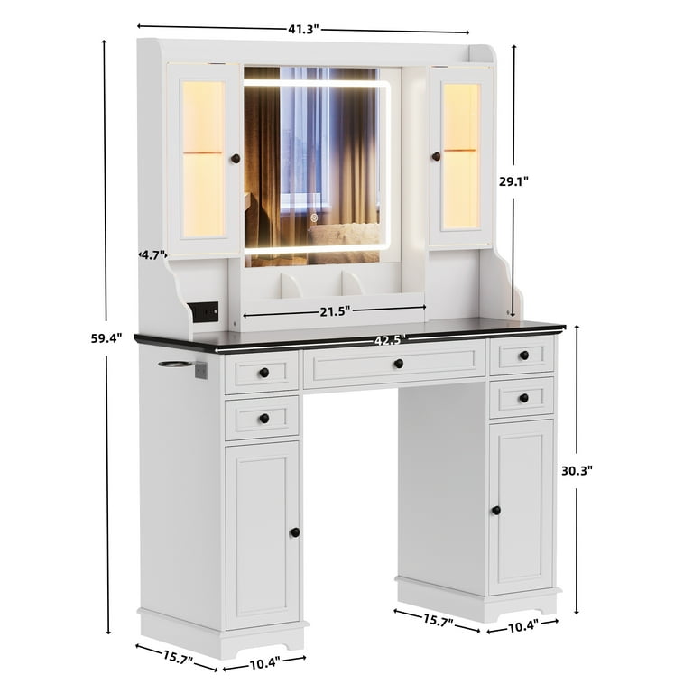 ChicFurnit Makeup Vanity Desk With Square Mirror & Lights – Farmhouse Style Vanity With Charging Station, Drawers & Storage, White