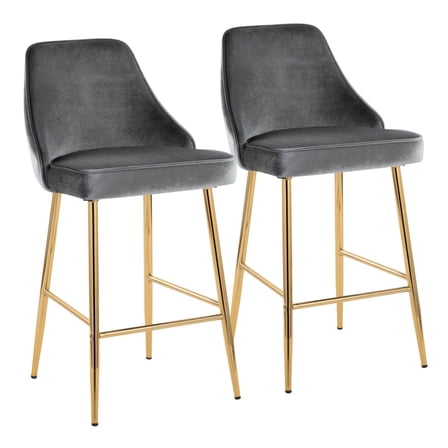 Marcel 25" Contemporary Glam Fixed-Height Counter Stool In Gold Metal And Blue Velvet - Set Of 2