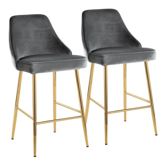 Marcel 25" Contemporary Glam Fixed-Height Counter Stool In Gold Metal And Blue Velvet - Set Of 2