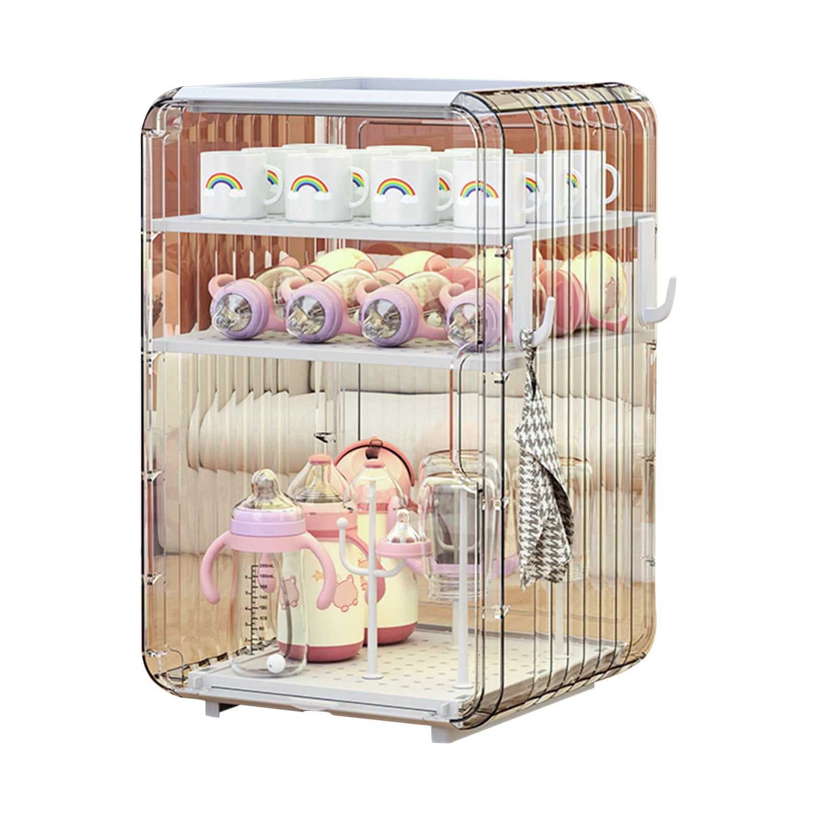 White Translucent Vertical Space‑Saving Baby Bottle Drying Rack, Dust‑Proof Countertop Bottle & Cup Storage Organizer with Drain Tray, Large Capacity Stackable Feeding Accessories Holder
