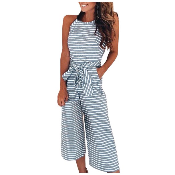 mono sin mangas con cuello redondo a rayas y bolsillo sexy delgado a la moda para mujer azul / 2xl