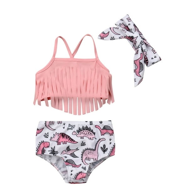 Dewadbow Dewadbow 3PCS Infant Baby Girls Dinosaur Swimsuit Tassel