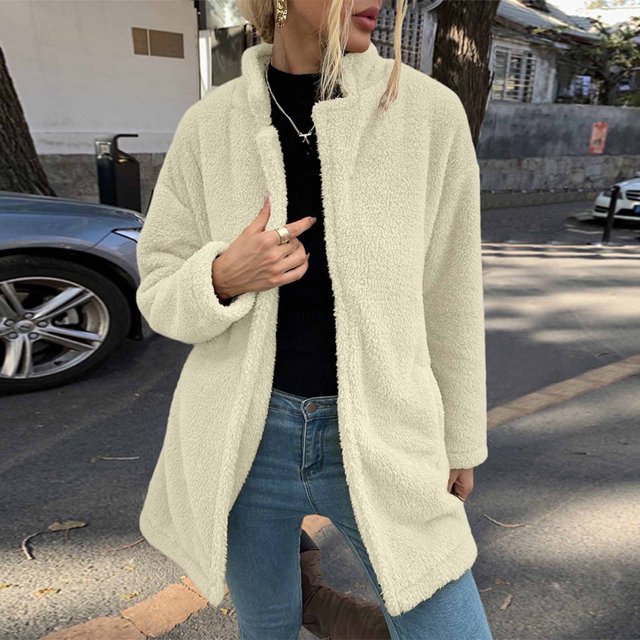 Pntutb Mujer Otoño e Invierno Color sólido Mangas largas Chaqueta de lana de doble cara Rebeca Abrigo Liquidación Pntutb Pntutb-1695