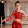 thumbnail image 4 of Aislor Girls One Shoulder Long Sleeve Sequins Crop Top Athletic Shirts Jazz Hip-hop Dancewear Size 6-16 Red 10, 4 of 7