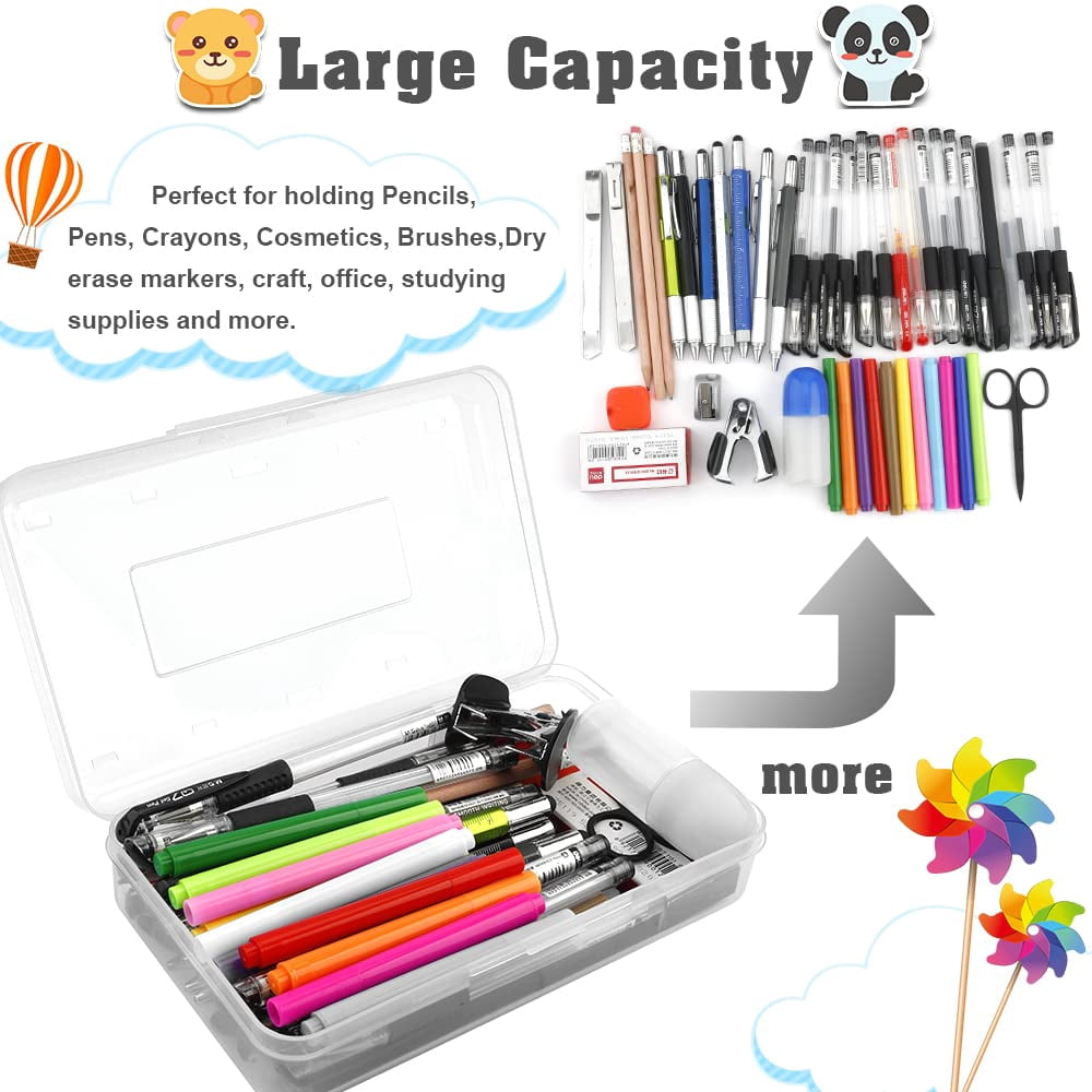 Pencil Box, Large Capacity Clear Pencil Case, 1 Pack Hard Pencil Case, Clear Crayon Box with Snap-tight Lid Stackable Design, Plastic Storage Box for Office Supplies, Pink