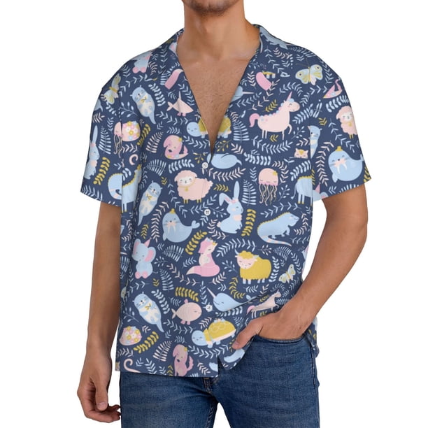 Balery Cute Baby Animals Camisa Casual de Manga Corta con Botones para Hombre, Texturizada, Estilo Cubano, para Playa, Verano-3X-Large