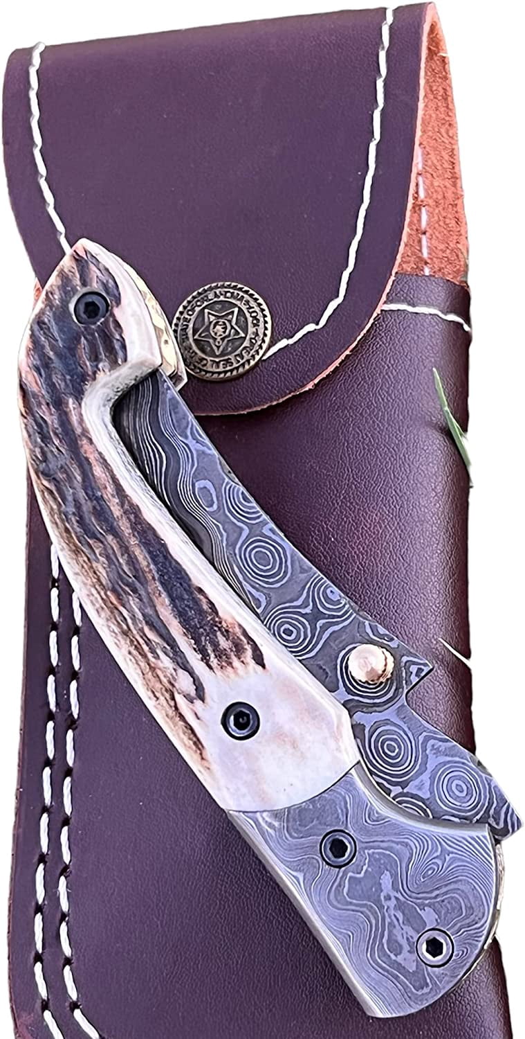 Poshland Custom Handmade 3.2" Tactical Knife with Damascus Steel Stag Horn Handle