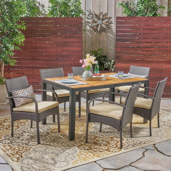 Noble House Miles 7 Piece Wood Top Patio Dining Set in Teak and Brown