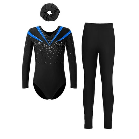 TiaoBug Gymnastics Leotard for Girls Long Sleeve Dance Unitard Biketard with Leggings Hair Band Set Blue&Black 6